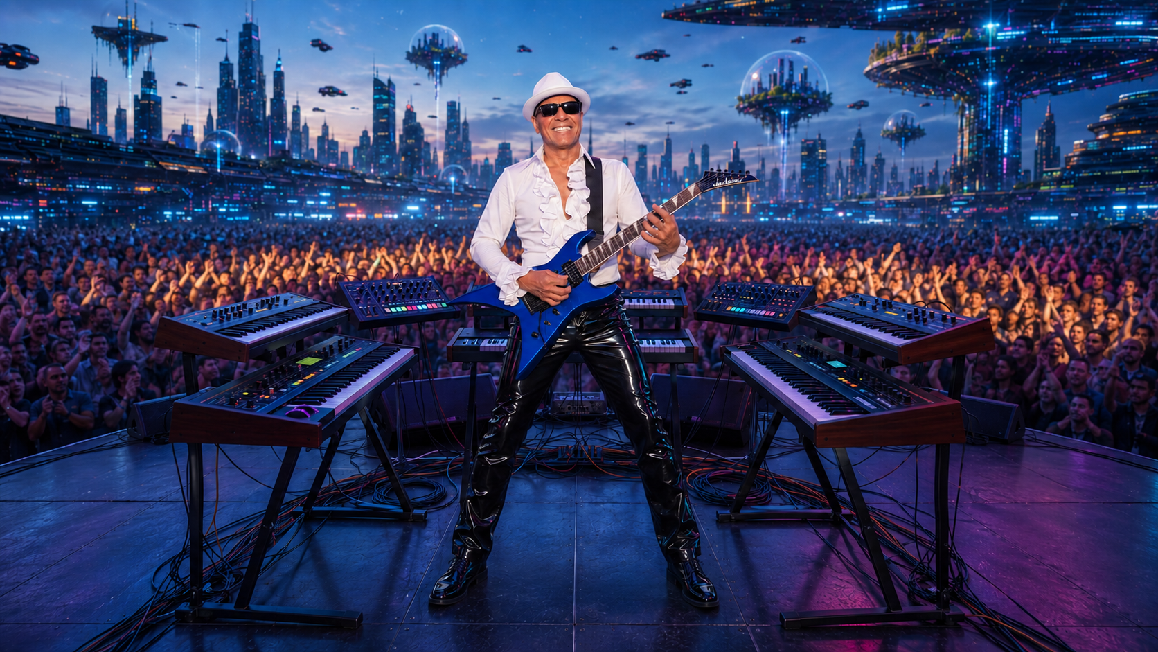 Smiling Universe 51 artist in a white fedora and frilled shirt, black patent pants, and sunglasses, shown head to toe playing a blue Jackson guitar among keyboards on a futuristic concert stage